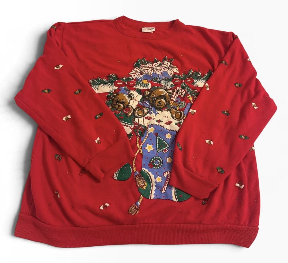 Vintage Holiday Time CHRISTMAS Teddy BEAR Stocking Sweatshirt Sweater USA Large